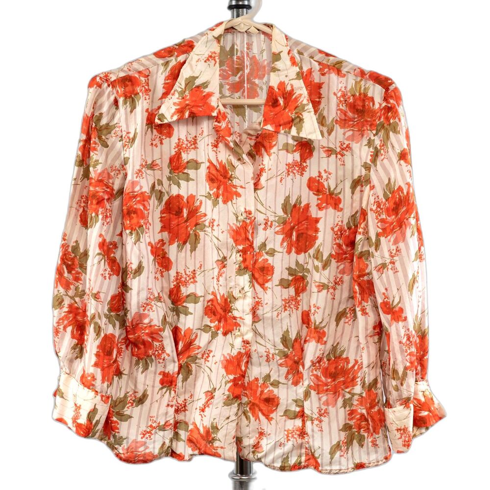 Vintage 70s floral orange buttons down shirt size 36 S/M